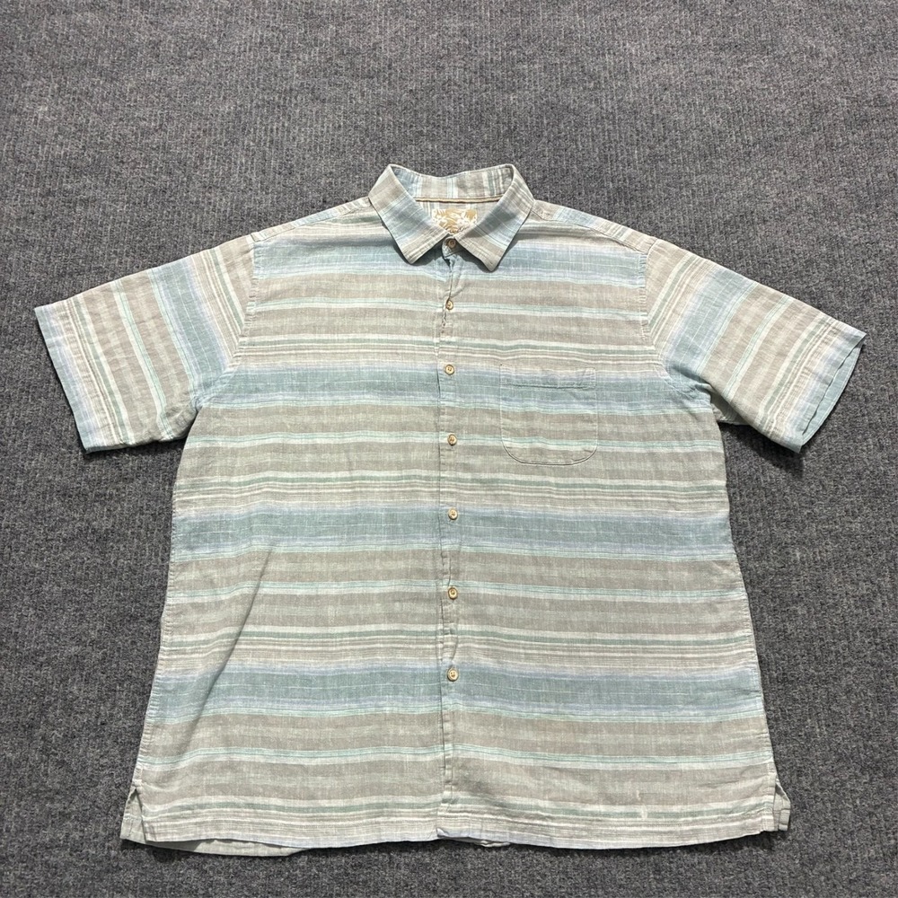 Tasso Elba Island Mens Button Up Shirt Large Striped Linen Blend Short Sleeve